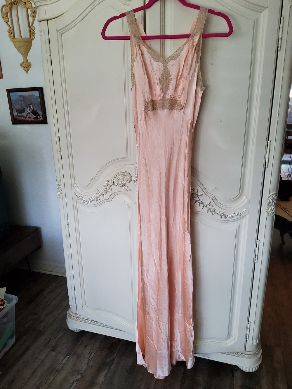 1930s Blush Silk And Ecru Lace Long Slip Dress Nightgown